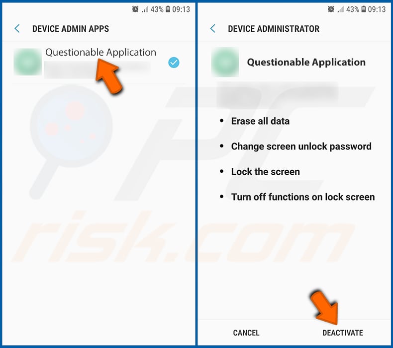 Desativar as aplicações Android que têm privilégios de administrador (passo 3)