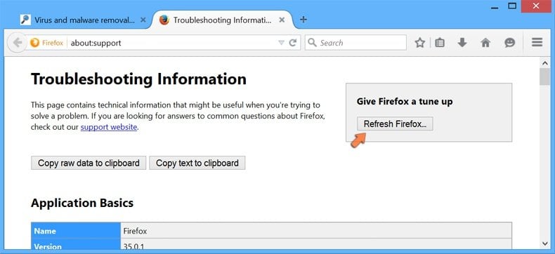 Reconfigurando as configurações do Mozilla Firefox para padrão - clicando em 