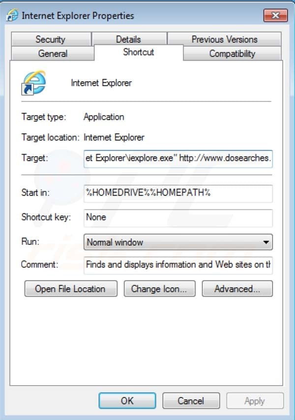 Remover DoSearches do atalho do Internet Explorer