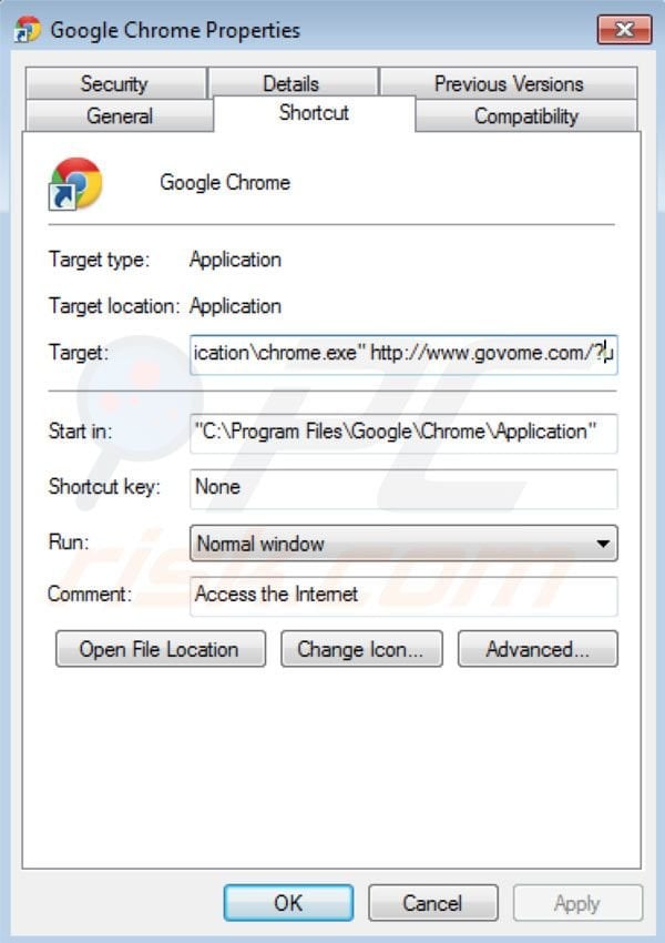 Remover o vírus Govome do atalho do Google Chrome