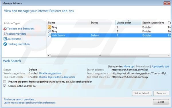 Remover Hometab do motor de busca padrão página inicial do Internet Explorer 