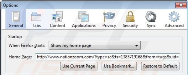 Remover o vírus Nationzoom.com da página inicial do Mozilla Firefox