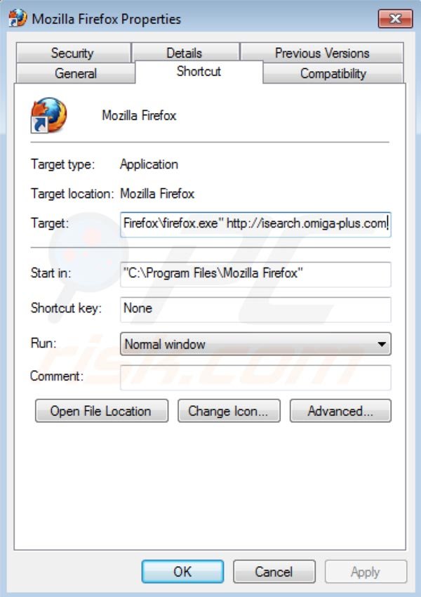 Remover o vírus  Omiga Plus do atalho do Firefox