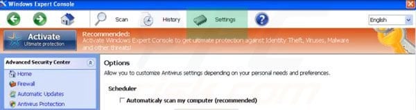 Aceder às definições de Windows Expert Console
