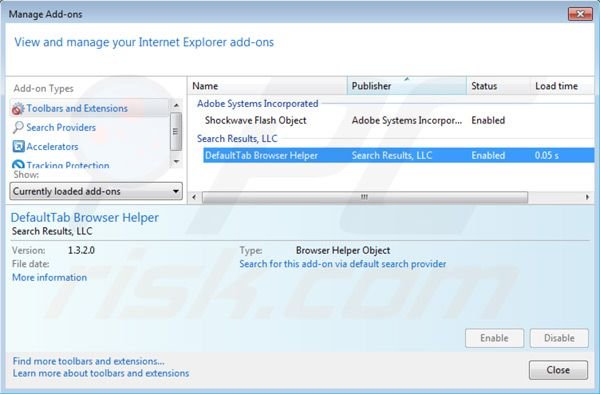 Remover o vírus DefaultTab das extensões do Internet Explorer