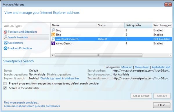 Remove redirects Mysearch.sweetpacks.com the settings default search engine in Internet Explorer