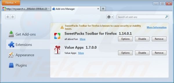 Remove the redirect mysearch.sweetpacks.com Mozilla FireFox Extensions