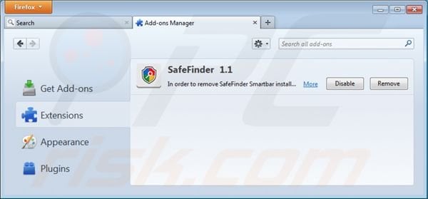 Remover isearch.safefinder.net das extensões do Mozilla FireFox