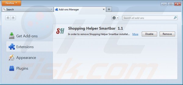 Remova shopping helper smartbar das extensões do Mozilla Firefox