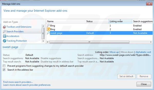 Remover o vírus Sweet-page.com das configurações do motor de busca padrão do Internet Explorer passo 1