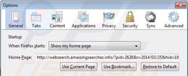 Remover websearch.amaizingsearches.info da página inicial do Mozilla Firefox