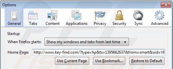 Remova o vírus key-find.com da página inicial do Mozilla Firefox