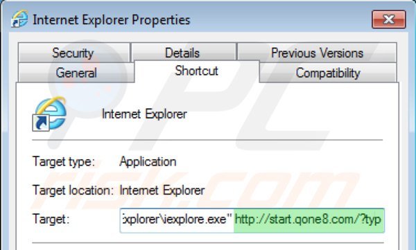 Remova o vírus de start.qone8.com do atalho de Internet Explorer passo 2