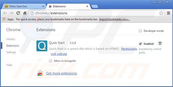 Remova o vírus istart.webssearches.com das extensões relacionadas com o Google Chrome 