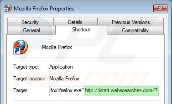Remova vírus istart.webssearches.com do atalho do Mozilla Firefox  passo 2