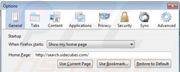 Removendo search.sidecubes.com da página inicial do Mozilla Firefox