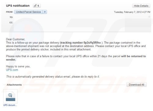 Screenshot de uma mensagem de e-mail infectado usada na distribuição de ransomware de 'Os seus ficheiros pessoais foram encriptados'