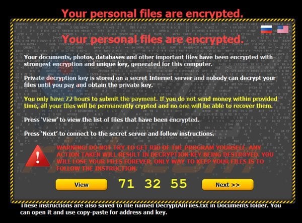 Ransomware 'Os seus ficheiros pessoais foram encriptados' 
