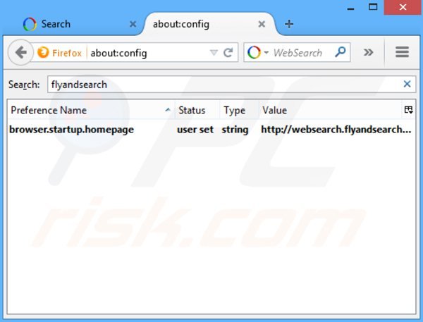 Removendo websearch.flyandsearch.info da página inicial e motor de busca padrão do Mozilla Firefox.