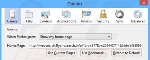 Removendo websearch.flyandsearch.info da página inicial do Mozilla Firefox