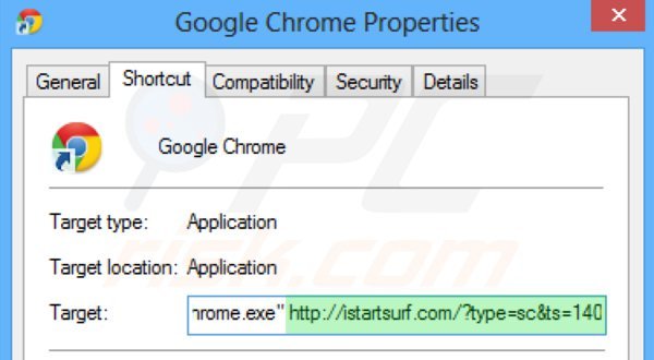 Removendo istartsurf.com do atalho do Google Chrome passo 2