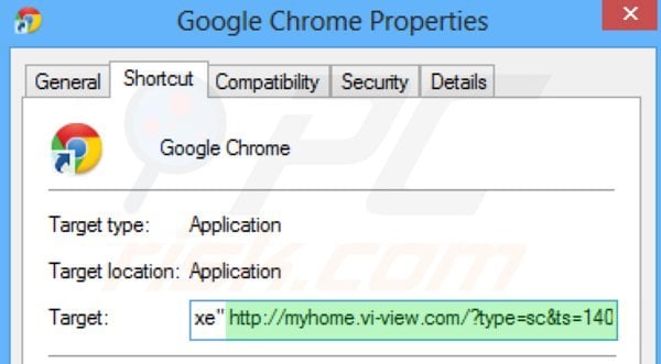 Removendo myhome.vi-view.com do atalho do Google Chrome passo 2
