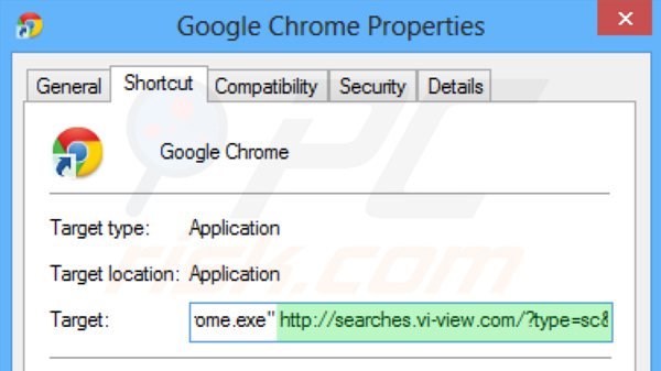 Removendo searches.vi-view.com do atalho do Google Chrome passo 2
