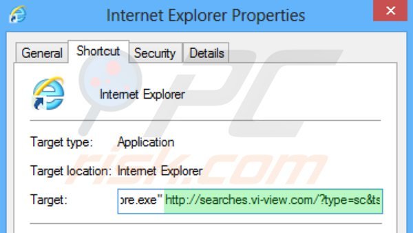 Removendo searches.vi-view.com do atalho do Internet Explorer passo 2