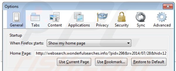 Removendo websearch.wonderfulsearches.info da página inicial do Mozilla Firefox