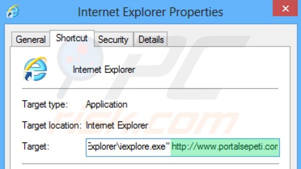Removendo portalsepeti.com do atalho do Internet Explorer passo 2