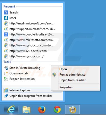 Removendo SafeSear.ch do atalho do Internet Explorer passo 1