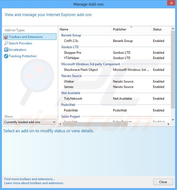 Remoção dos anúncios StormWatch do Internet Explorer passo 2