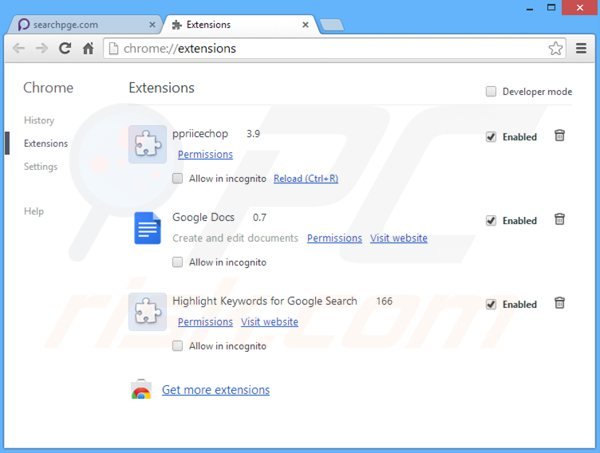 Remoção das extensões relacionadas a searchpge.com do Google Chrome