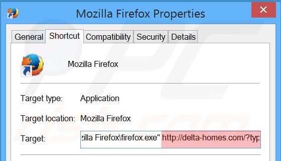 Removendo delta-homes.com do atalho do Mozilla Firefox passo 2