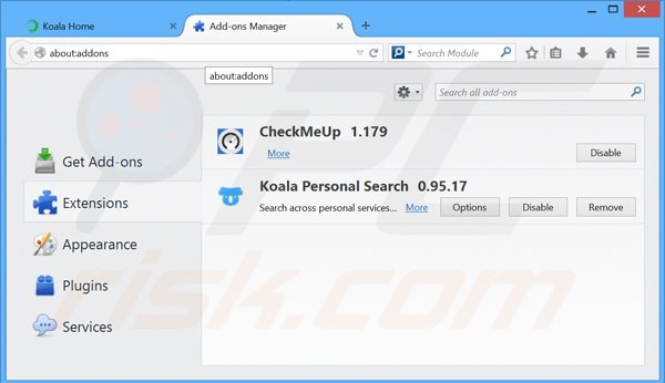 Remova os anúncios Koala Personal Search do Mozilla Firefox passo 2