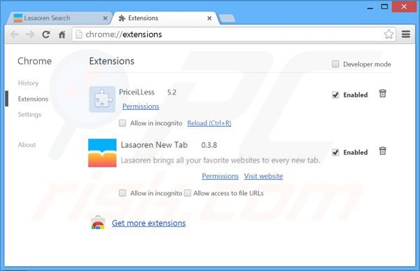 Remoção das extensões relacionadas a lasaoren.com do Google Chrome