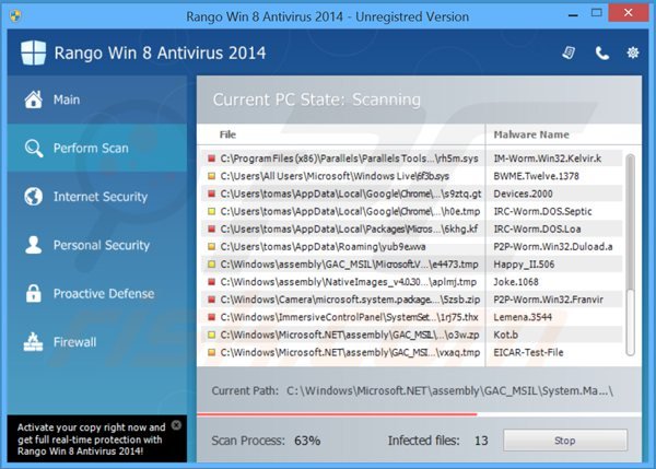 Rango Win8 Antivírus 2014 software antivírus malicioso a executar uma verificação de segurança de computador falsa