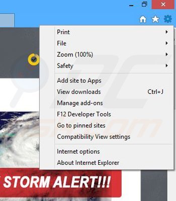 Removendo os anúncios Storm Alert do Internet Explorer passo 1