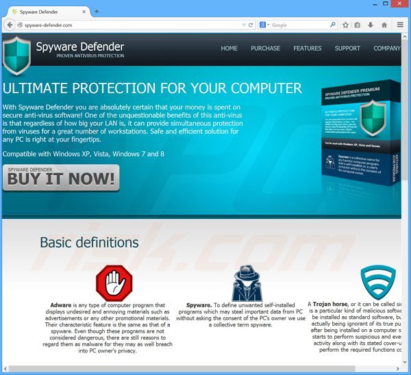 website usado por System Defender - programa antivirus falso