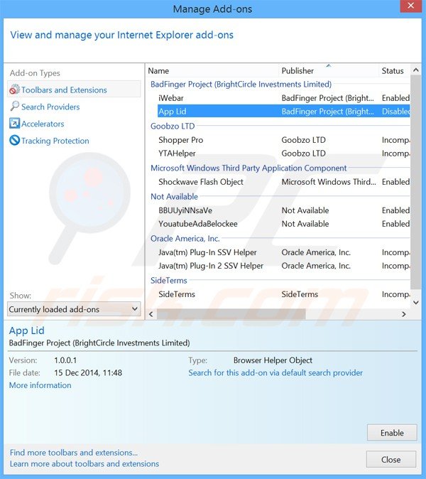 Removendo os anúncios app lid do Internet Explorer passo 2