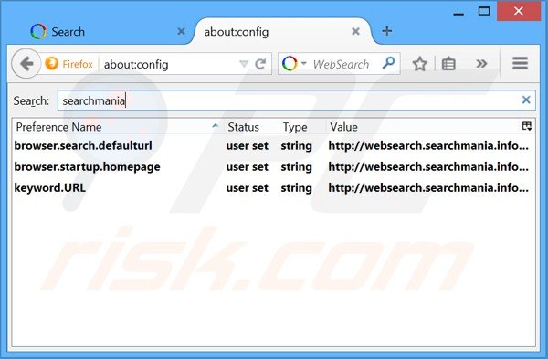 Removendo websearch.searchmania.info da página inicial e motor de busca padrão do Mozilla Firefox.