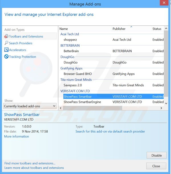 Removendo as extensões relacionadas a showpass smartbar do Internet Explorer
