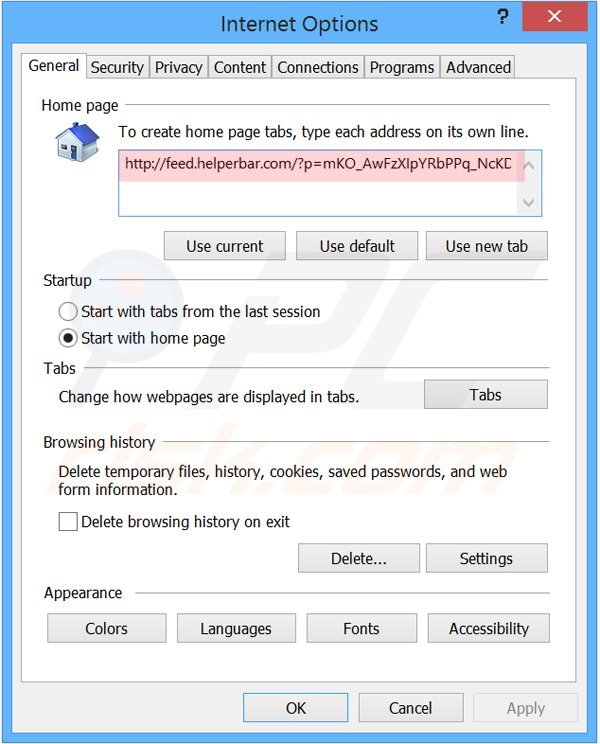 Removendo as extensões relacionadas a showpass smartbar da página inicial do Internet Explorer