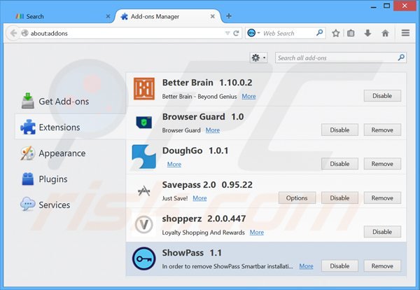 Removendo as extensões relacionadas a showpass smartbar do Mozilla Firefox