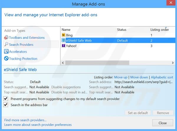 Removendo o motor de busca inicial search.eshield.com do Internet Explorer