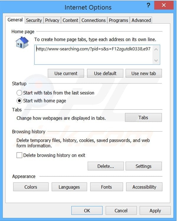 Removendo a página inicial www-searching.com do Internet Explorer