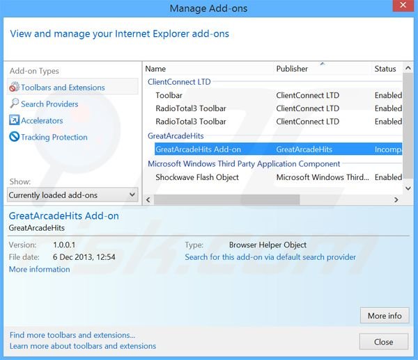 Removendo os anúncios GreatArcadeHits do Internet Explorer passo 2