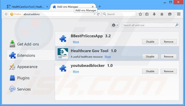 Removendo os anúncios Healthcare Gov Tool do Mozilla Firefox passo 2