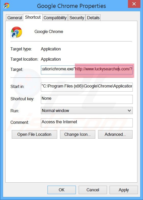 Removendo luckysearches.com do atalho do Google Chrome passo 2