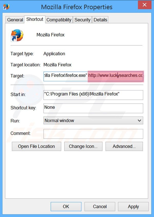 Removendo luckysearches.com do atalho do Mozilla Firefox passo 2